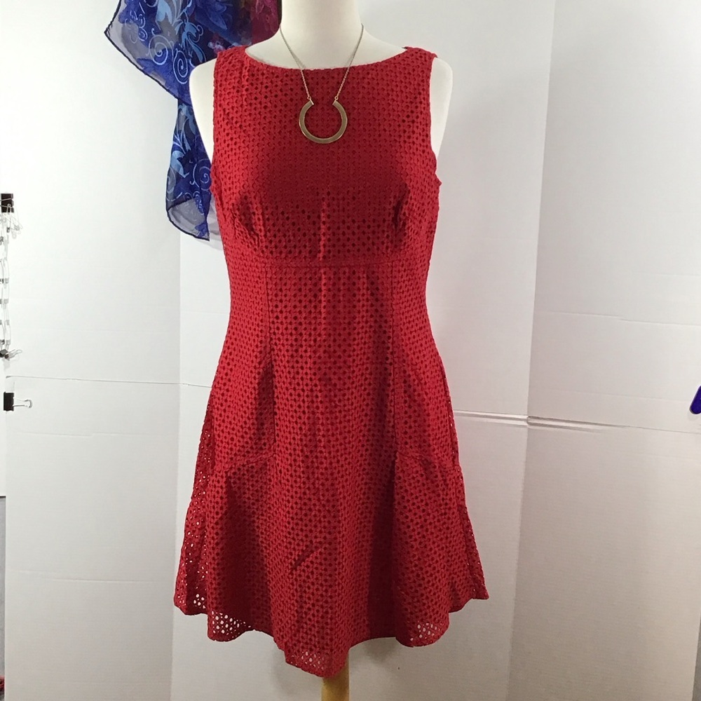 Chaps Yacht Red Sleeveless Eyelet Fit-and-Flare Mini Dress 10 NWT